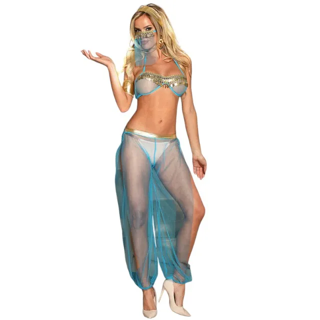 Costum sexy SUBBLIME India Style. set cu sutien. șalvari și accesorii. culoare albastru cu auriu. mărime L/XL (model D-239900)