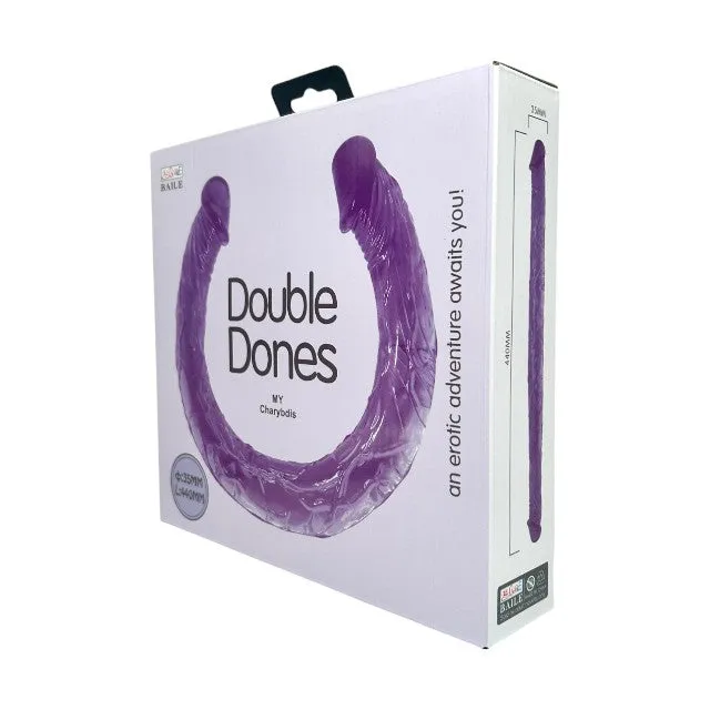 Dildo dublu realist BAILE Double Dones. pentru dublă penetrare. din material moale și flexibil. lungime 44 cm. mov transparent