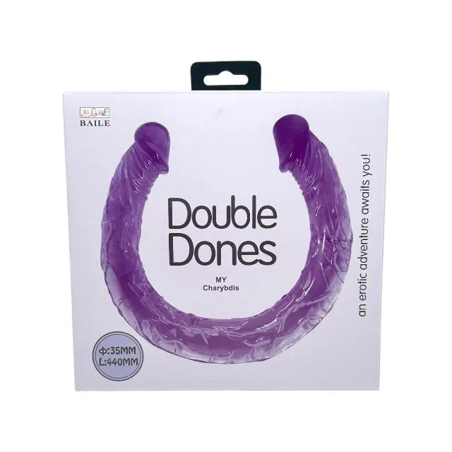 Dildo dublu realist BAILE Double Dones. pentru dublă penetrare. din material moale și flexibil. lungime 44 cm. mov transparent