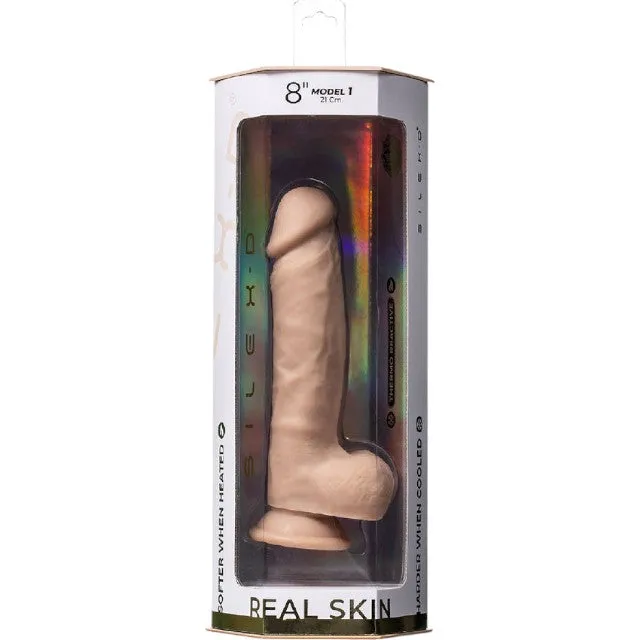 Dildo SILEX-D 8 Model 1. design realist cu testicule. reactiv la căldură. bază cu ventuză. lungime 21 cm. culoarea pielii