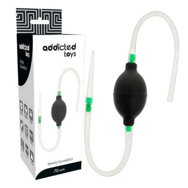 Duș anal cu tub de golire ADDICTED TOYS Travel Cleaner 3. din material flexibil și hipoalergenic. negru cu verde. 70 cm