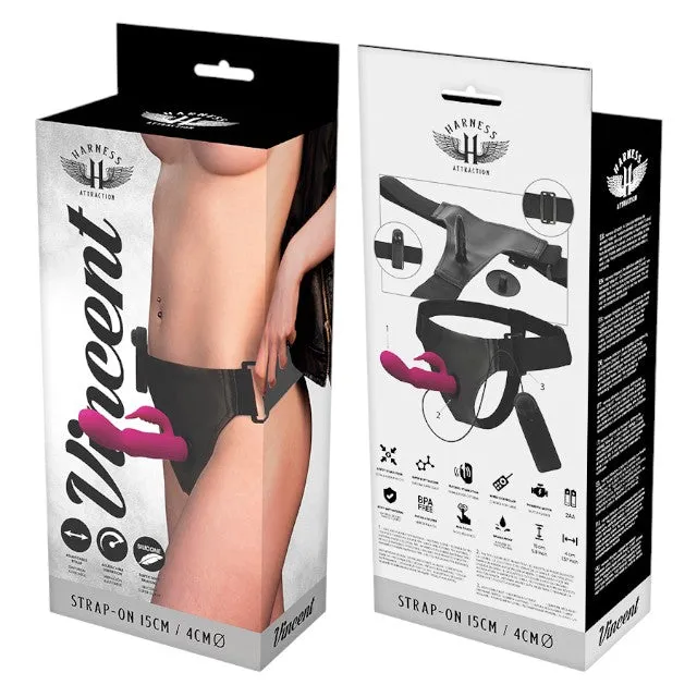 Ham Strap - On HARNESS ATTRACTION - VINCENT. cu dubla penetrare. cu vibrator rabbit. 4 cm si 15 cm