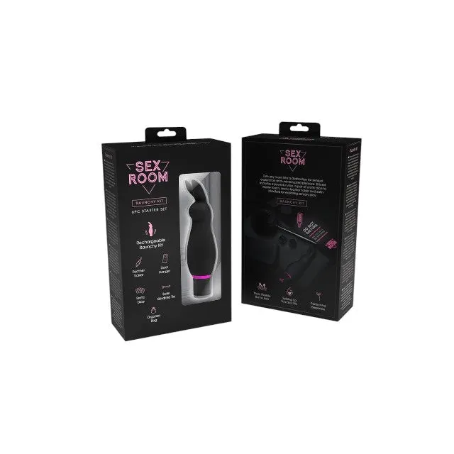 Kit DREAMTOYS Sex Room Raunchy Kit. set 6 produse. pentru stimularea prostatei. cu vibrator. puf de gâdilat. zaruri și mască