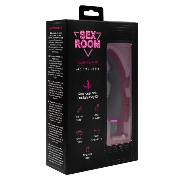 Kit DREAMTOYS Sex Room Raunchy Kit. set 6 produse. pentru stimularea prostatei. cu vibrator. puf de gâdilat. zaruri și mască