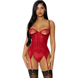 Lenjerie sexy 2 piese FORPLAY Peek Show Teddy Set. body erotic cu dantelă și decupaje   portjartier. roșu. mărime M