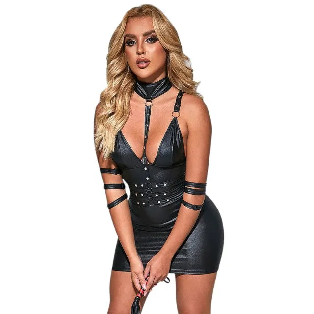 Lenjerie sexy SUBBLIME Leather Bondage Dress. rochie cu aspect lucios și curele BDSM. culoare negru. mărime L/XL. model 954413