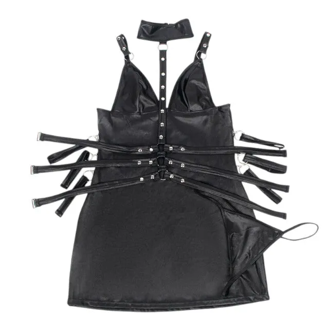 Lenjerie sexy SUBBLIME Leather Bondage Dress. rochie cu aspect lucios și curele BDSM. culoare negru. mărime L/XL. model 954413