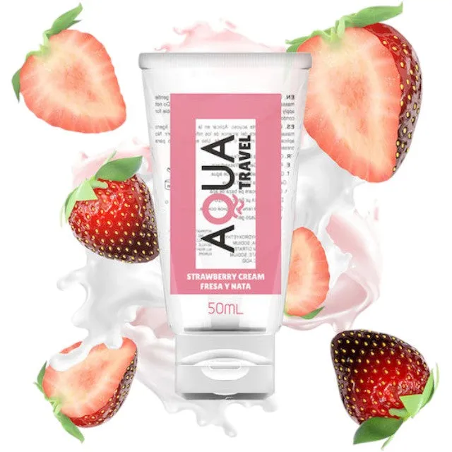Lubrifiant cu aromă AQUA TRAVEL Strawberry Cream. pe bază de apă. cu gust delicios de căpșuni și frișcă. 50 ml