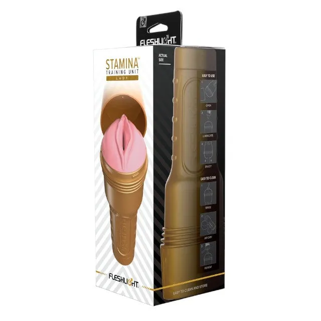 Masturbator FLESHLIGHT Stamina Training Unit Lady. simulare vaginală realistă. lungime inserabilă 25 cm. auriu