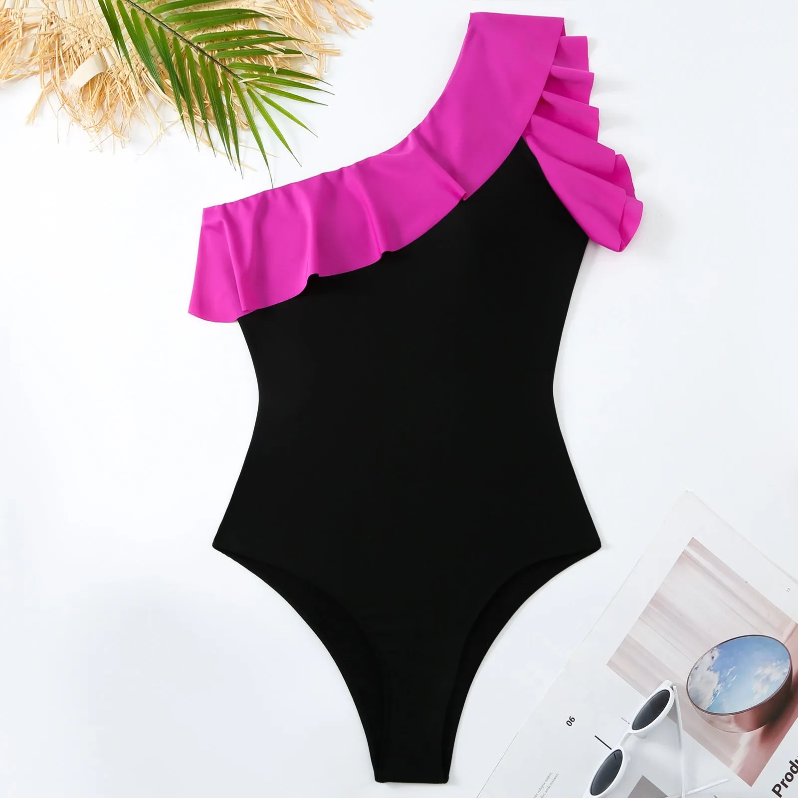 Monokini One Shoulder Black and Pink Swimsuit With Coverup Skirt By Sinderella