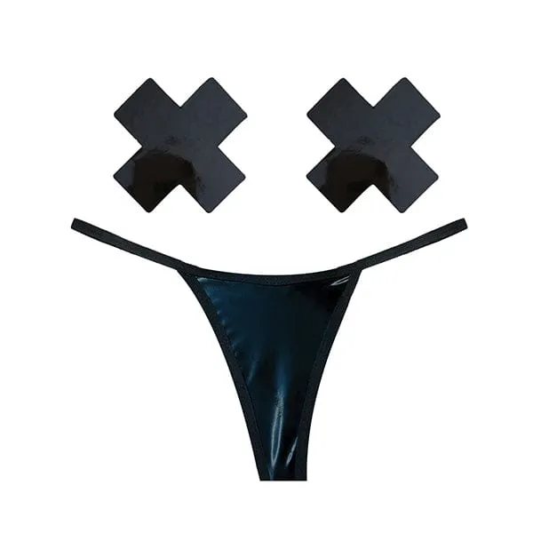Neva Nude - Naughty Knix Dom Squad Wet Vinyl G String and Pasties Nipple Covers Set O/S (Black)
