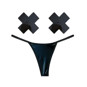 Neva Nude - Naughty Knix Dom Squad Wet Vinyl G String and Pasties Nipple Covers Set O/S (Black)