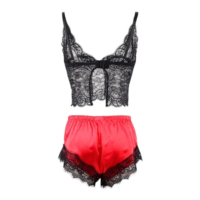 Pijamale sexy SUBBLIME Casual Silk Nightgown. maiou din dantelă   pantaloni scurți din satin. negru cu roșu. mărime L/XL. model 953966