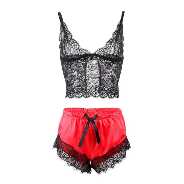 Pijamale sexy SUBBLIME Casual Silk Nightgown. maiou din dantelă   pantaloni scurți din satin. negru cu roșu. mărime L/XL. model 953966
