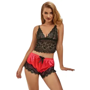 Pijamale sexy SUBBLIME Casual Silk Nightgown. maiou din dantelă   pantaloni scurți din satin. negru cu roșu. mărime L/XL. model 953966