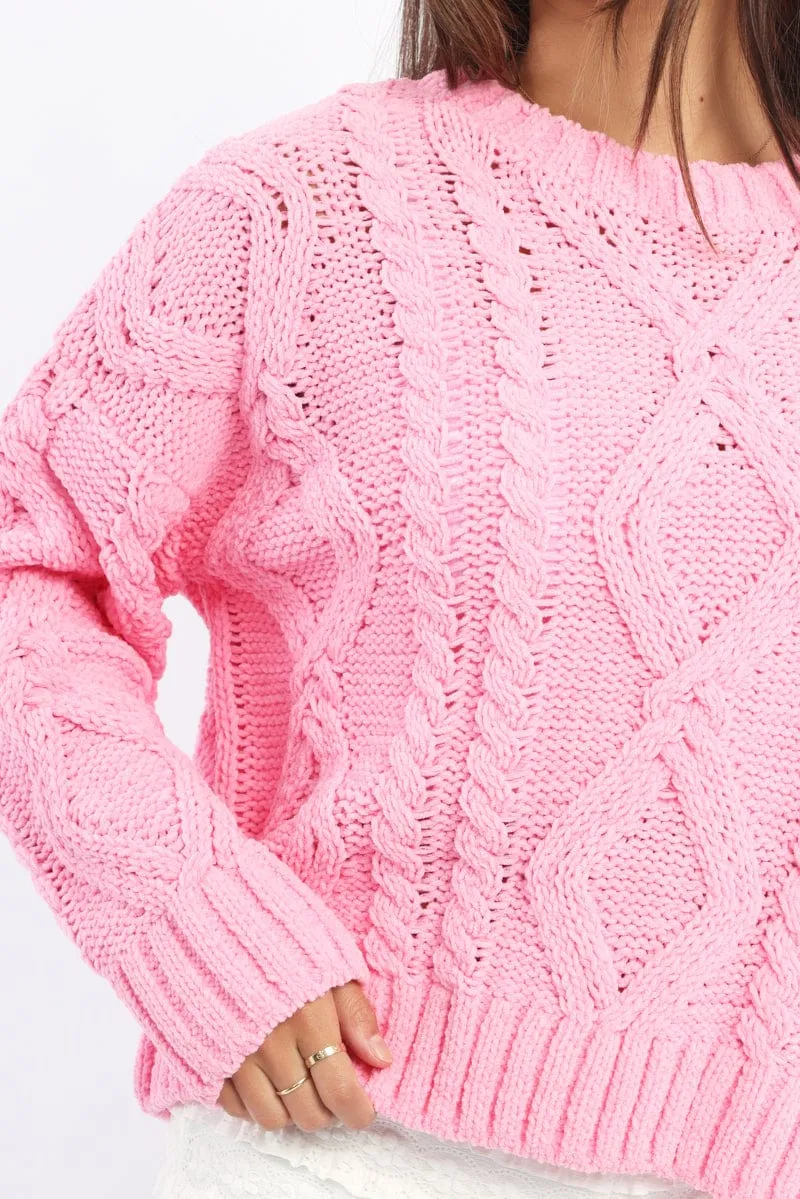 Pink Cable Knit Long Sleeve Crew Neck