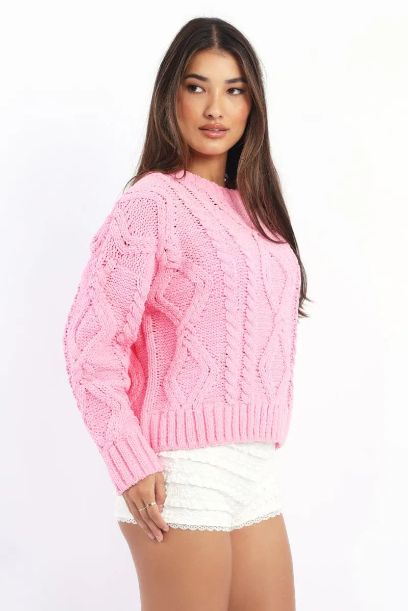 Pink Cable Knit Long Sleeve Crew Neck