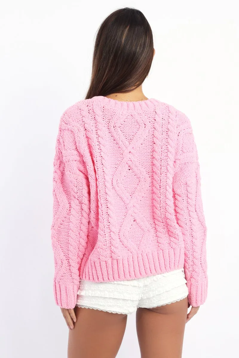 Pink Cable Knit Long Sleeve Crew Neck