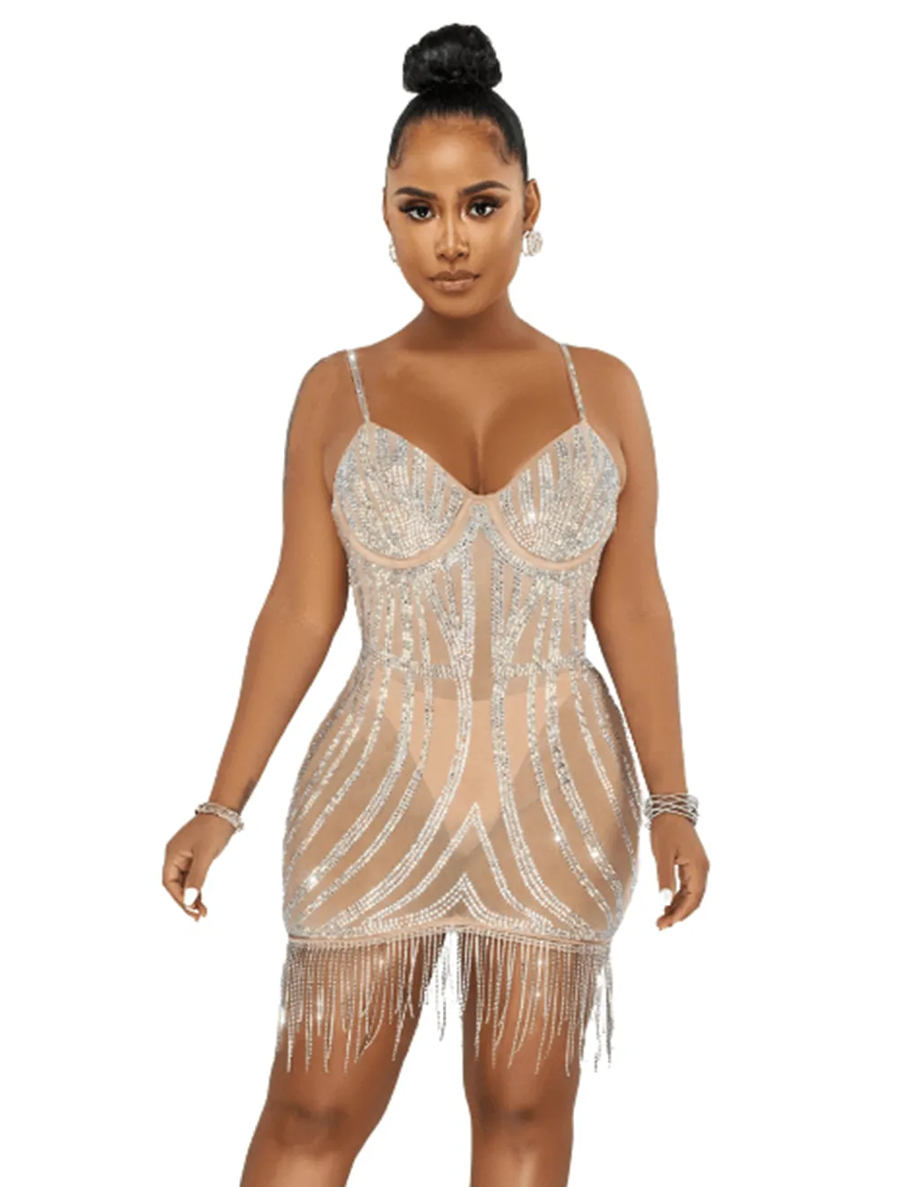 Rhinestone Fringed Mesh Dress
