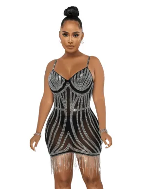 Rhinestone Fringed Mesh Dress
