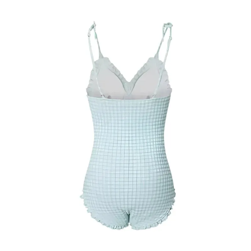 Ruched Gingham Design With Tie up Strap Monokini By Sinderella