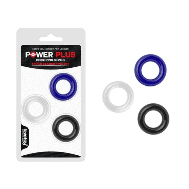 Set 3 inele pentru penis POWER PLUS Triple Beaded Ring Set. din TPE. diametru 1.8 cm. culori albastru. alb și negru