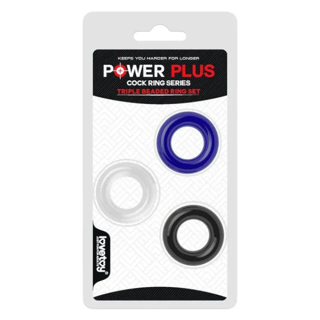 Set 3 inele pentru penis POWER PLUS Triple Beaded Ring Set. din TPE. diametru 1.8 cm. culori albastru. alb și negru