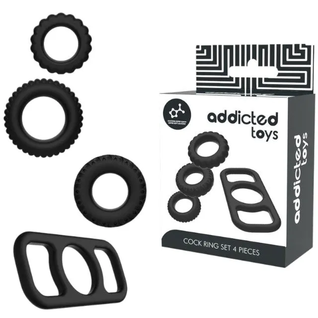 Set 4 inele pentru penis ADDICTED TOYS Cock Ring Set. din silicon flexibil. diametre progresive 2.1 - 2.8 cm. negru