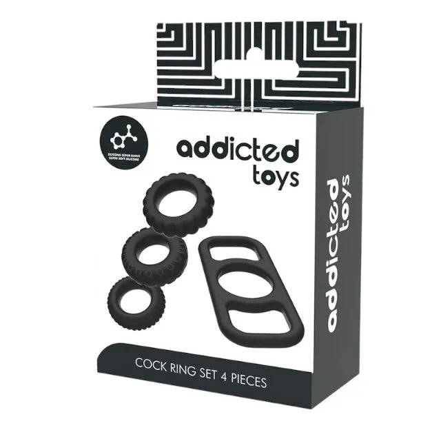 Set 4 inele pentru penis ADDICTED TOYS Cock Ring Set. din silicon flexibil. diametre progresive 2.1 - 2.8 cm. negru