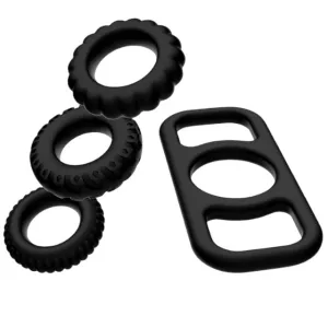 Set 4 inele pentru penis ADDICTED TOYS Cock Ring Set. din silicon flexibil. diametre progresive 2.1 - 2.8 cm. negru