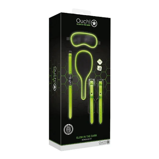 Set OUCH! Bondage Kit Glow In The Dark. pentru jocuri BDSM. cu cătușe. căluș. mască. paletă și zaruri. negru cu verde fluorescent