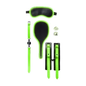 Set OUCH! Bondage Kit Glow In The Dark. pentru jocuri BDSM. cu cătușe. căluș. mască. paletă și zaruri. negru cu verde fluorescent