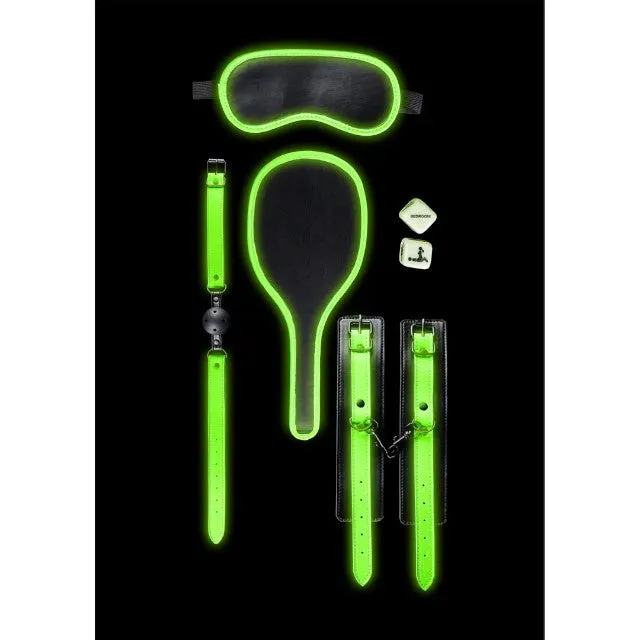 Set OUCH! Bondage Kit Glow In The Dark. pentru jocuri BDSM. cu cătușe. căluș. mască. paletă și zaruri. negru cu verde fluorescent