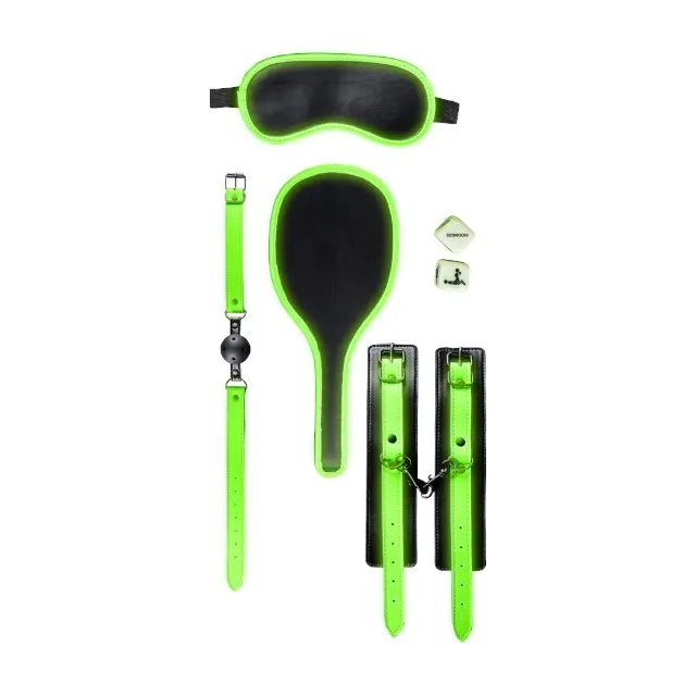 Set OUCH! Bondage Kit Glow In The Dark. pentru jocuri BDSM. cu cătușe. căluș. mască. paletă și zaruri. negru cu verde fluorescent