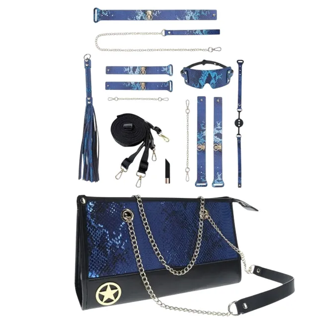 Set OUCH! Kit with Bag - Florence Collection. 9 produse pentru jocuri BDSM. cu cătușe. mască. lesă. căluș. bici și geantă. albastru