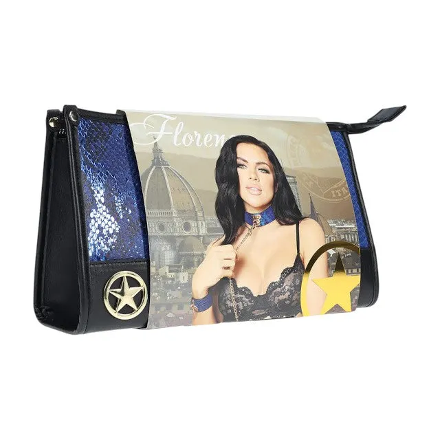 Set OUCH! Kit with Bag - Florence Collection. 9 produse pentru jocuri BDSM. cu cătușe. mască. lesă. căluș. bici și geantă. albastru