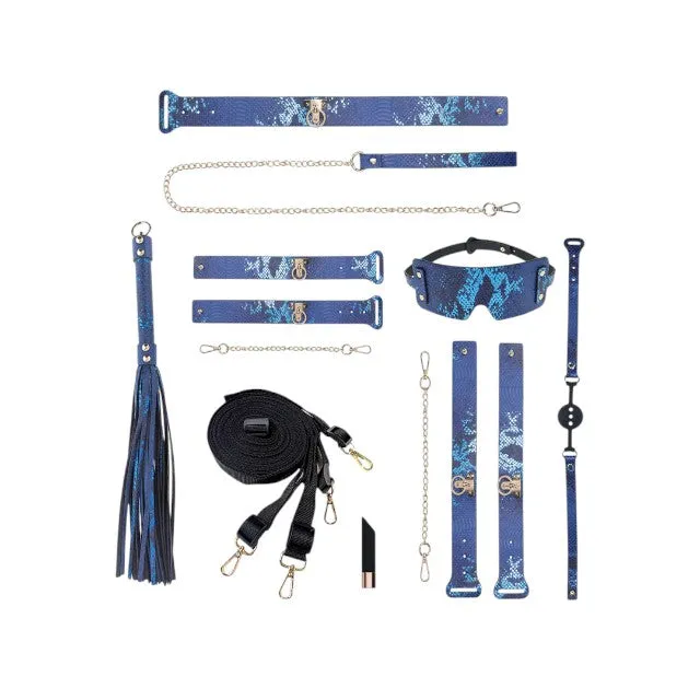 Set OUCH! Kit with Bag - Florence Collection. 9 produse pentru jocuri BDSM. cu cătușe. mască. lesă. căluș. bici și geantă. albastru