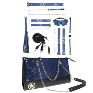Set OUCH! Kit with Bag - Florence Collection. 9 produse pentru jocuri BDSM. cu cătușe. mască. lesă. căluș. bici și geantă. albastru
