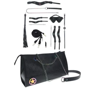 Set OUCH! Kit with Bag - Venice Collection. 9 produse pentru jocuri BDSM. cu cătușe. mască. lesă. căluș. bici și geantă. negru