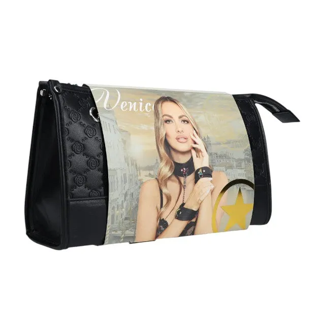Set OUCH! Kit with Bag - Venice Collection. 9 produse pentru jocuri BDSM. cu cătușe. mască. lesă. căluș. bici și geantă. negru