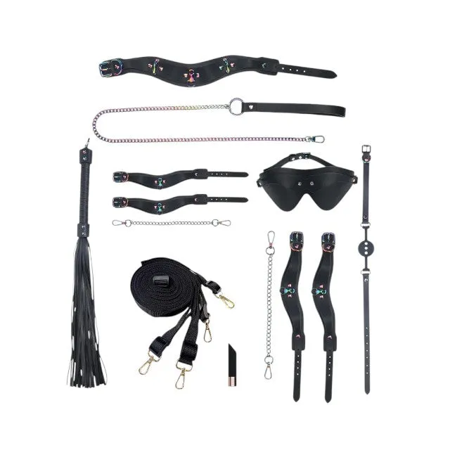 Set OUCH! Kit with Bag - Venice Collection. 9 produse pentru jocuri BDSM. cu cătușe. mască. lesă. căluș. bici și geantă. negru