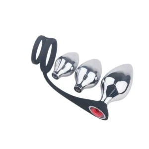 Set plug anal TOYZ4LOVERS Elys Pleasure Bully. 3 dopuri anale cu inel detașabil pentru penis. lungimi 5 - 6.9 cm. argintiu cu negru