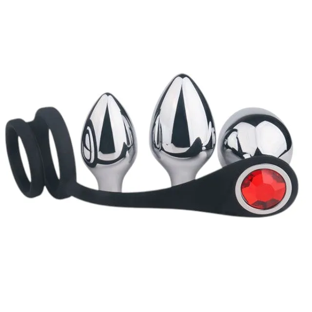 Set plug anal TOYZ4LOVERS Elys Pleasure Bully. 3 dopuri anale cu inel detașabil pentru penis. lungimi 5 - 6.9 cm. argintiu cu negru