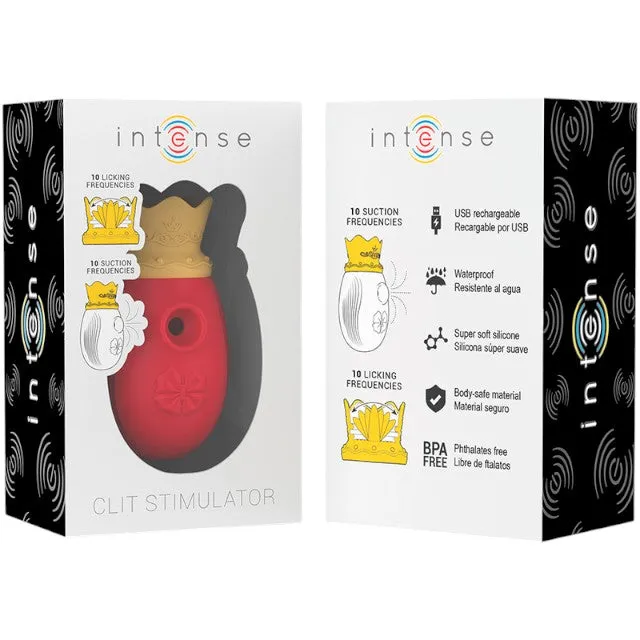 Stimulator clitoris INTENSE Clit Stimulator. design cu coroană. cu funcție de simulare sex oral. 10 funcții de aspirare. roșu cu galben