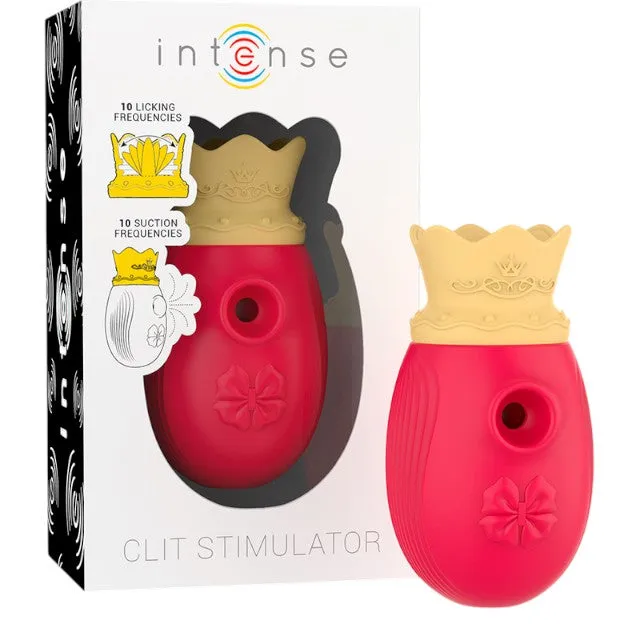 Stimulator clitoris INTENSE Clit Stimulator. design cu coroană. cu funcție de simulare sex oral. 10 funcții de aspirare. roșu cu galben