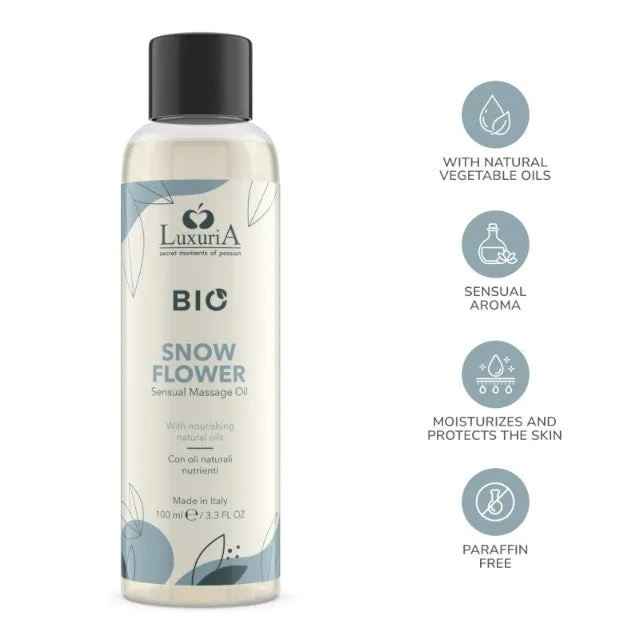 Ulei de masaj LUXURIA Bio Snow Flower. cu uleiuri naturale. fără parabeni. aromă fructată și florală. 100 ml (albastru)