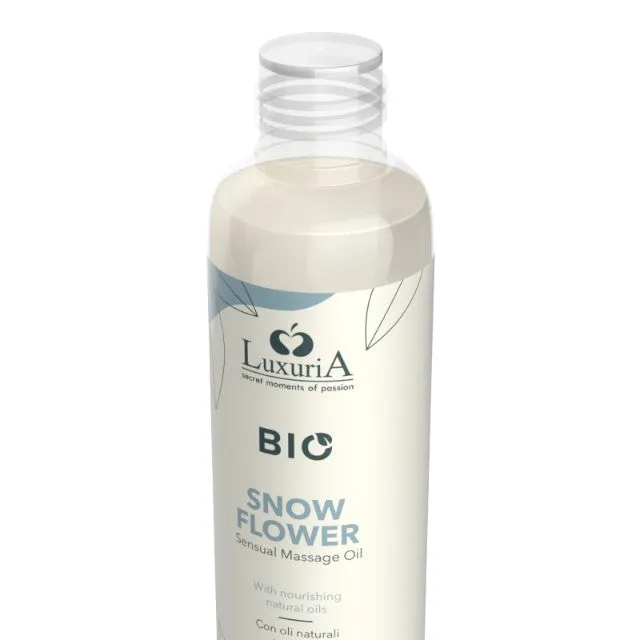 Ulei de masaj LUXURIA Bio Snow Flower. cu uleiuri naturale. fără parabeni. aromă fructată și florală. 100 ml (albastru)