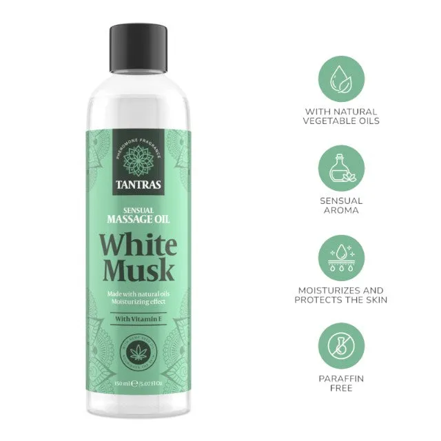Ulei de masaj TANTRAS White Musk. cu vitamina E și uleiuri naturale. aromă de iasomie. santal și vanilie. 150 ml (verde)