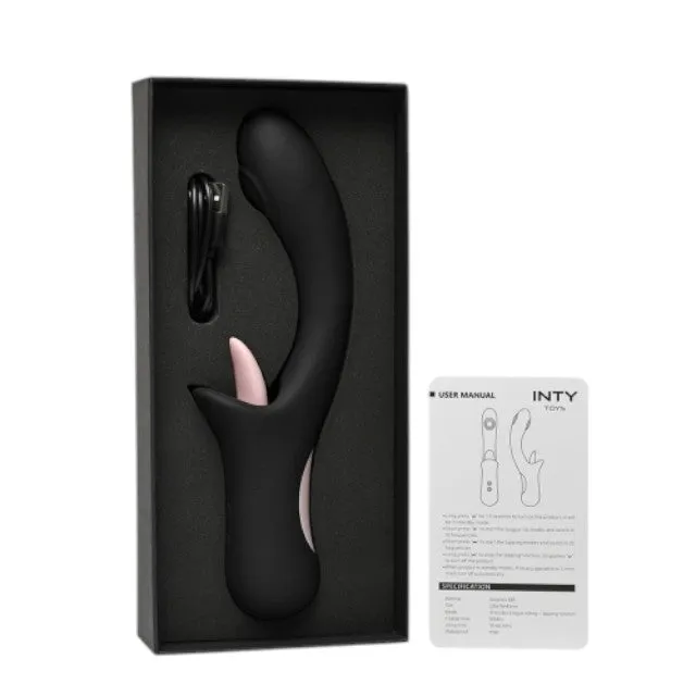 Vibrator cu stimulator INTY TOYS DICE. din silicon moale. cu funcție de simulare sex oral. rezistent la apă IPX6. negru cu roz