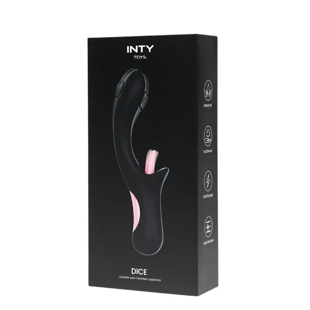 Vibrator cu stimulator INTY TOYS DICE. din silicon moale. cu funcție de simulare sex oral. rezistent la apă IPX6. negru cu roz